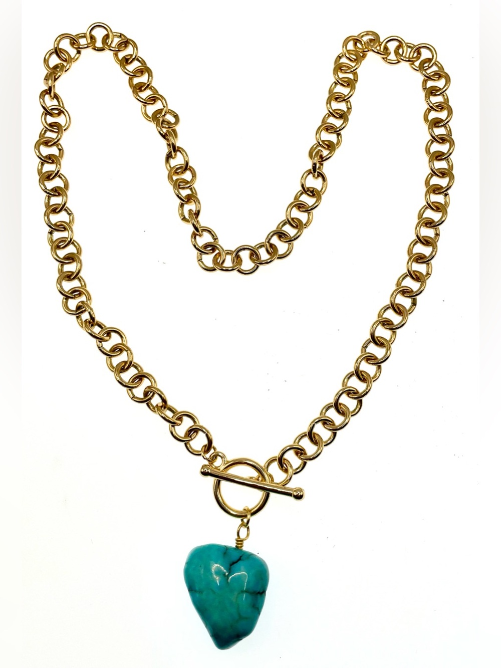 Gold Tone Chunky Chain Necklace Turquoise Howlite Stone Pendant 20”